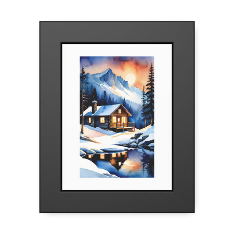 Winter Cabin Poster – Framed Scenic Mountain Print (Cozy Snowy Lodge Wall Art)