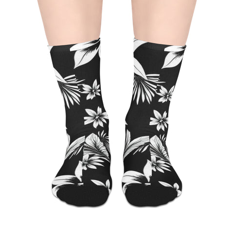 Floral Stripe Mid-Length Socks — Black & White Tropical Flower Crew Socks