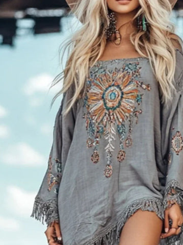 Fringe Hem Long Sleeve Mini Dress