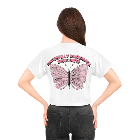 Emotionally Unavailable Since Birth Crop Tee — Pink Butterfly Graphic