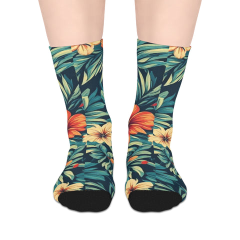 Tropical Floral Mid-Length Socks — Hibiscus Leaf Pattern