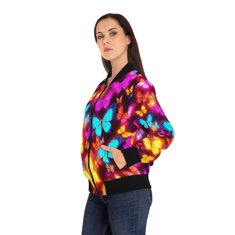 Butterfly Glow Bomber Jacket — Vibrant Neon Butterflies All-Over Print