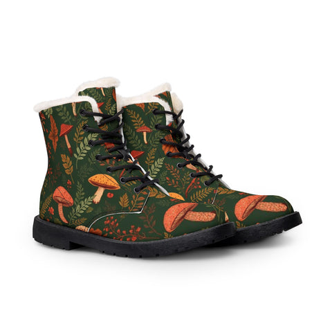 Mushroom Forest Fur-Lined Leather Boots — Cozy Women's Autumn Lace-Up