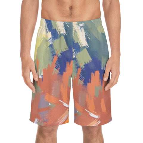 Abstract Brushstroke Men's Board Shorts — Colorful Summer Swim Trunks