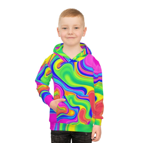 Kids Psychedelic Swirl Hoodie – Bright Rainbow All-Over Print