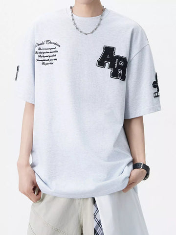 Men's Plus Size Varsity Style Applique Round Neck T-Shirt