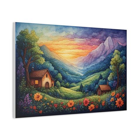 Sunset Valley Landscape Canvas Print — Cottage, Mountains & Wildflowers Matte Stretched