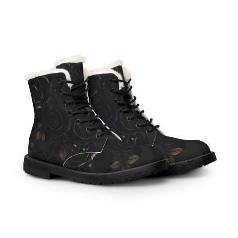 Women's Black Rose Fur-Lined Leather Boots — Warm Winter Lace-Up Combat Style