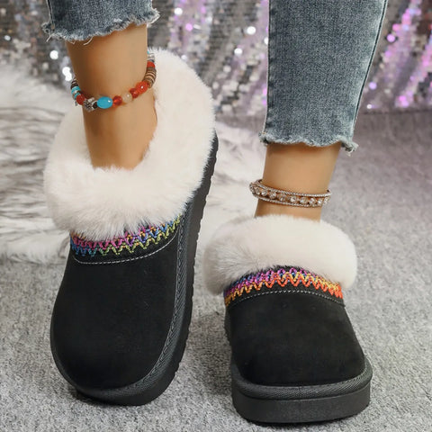 Fur-Lined Platform Boots with Decorative Woven Strap