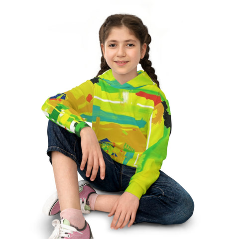 Kids Abstract Green Hoodie — Bright All-Over Print Sweatshirt
