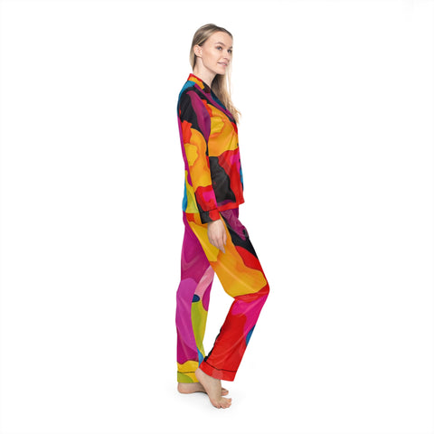 Satin Pajamas — Vibrant Abstract Color Splash Sleep Set