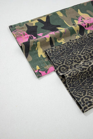 Multicolour Retro Floral Leopard Contrast Patchwork Raw Hem Jeans