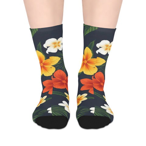 Tropical Floral Mid-Length Socks — Yellow & Orange Plumeria Design