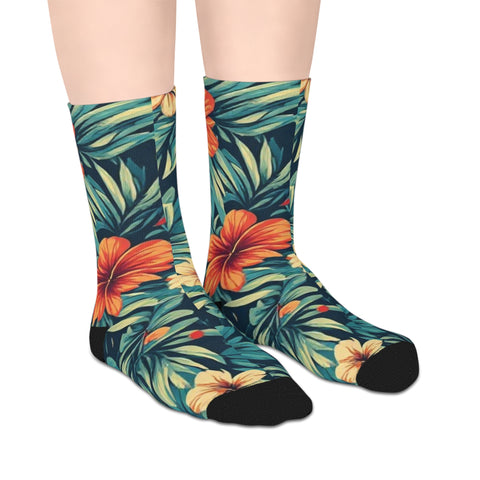 Tropical Floral Mid-Length Socks — Hibiscus Leaf Pattern