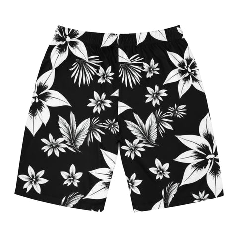 Black & White Hawaiian Floral Board Shorts — Men's Tropical Swim Trunks
