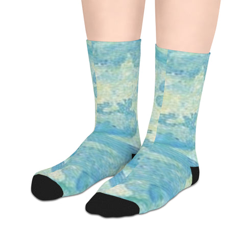 Aqua Tile Mid-Length Socks — Soft Blue Watercolor Pattern