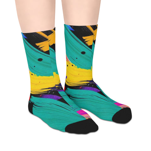 Vibrant Abstract Brushstroke Mid-Length Socks — Colorful Retro Art Crew Socks