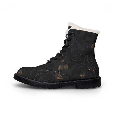 Women's Black Rose Fur-Lined Leather Boots — Warm Winter Lace-Up Combat Style