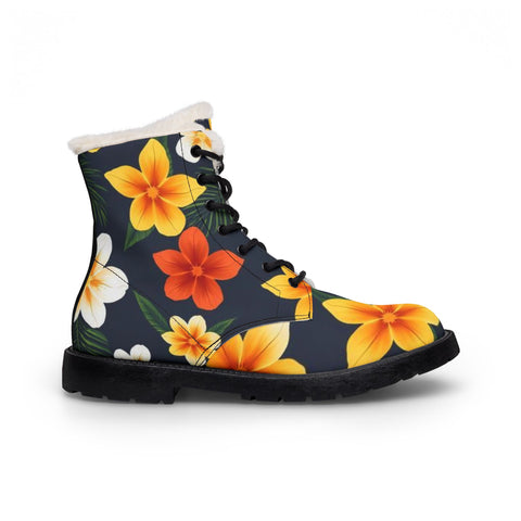 Floral Fur-Lined Leather Boots — Tropical Orange & Yellow Hibiscus Print
