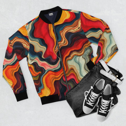 Abstract Swirl Bomber Jacket — Colorful Retro Marble AOP