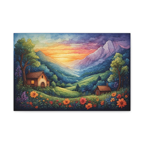 Sunset Valley Landscape Canvas Print — Cottage, Mountains & Wildflowers Matte Stretched