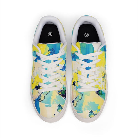 Abstract Watercolor Low-Top Leather Sneakers — Yellow Blue Splash