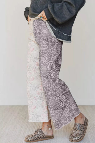 Floral and Leopard Print Wide-Leg Jeans