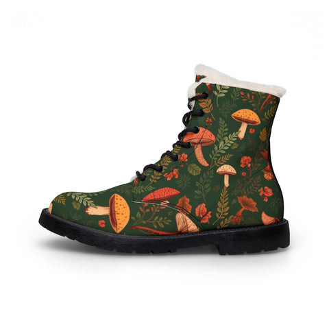 Mushroom Forest Fur-Lined Leather Boots — Cozy Women's Autumn Lace-Up