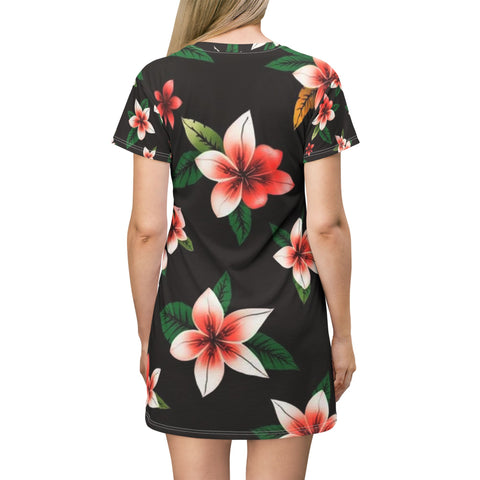 Floral Plumeria T-Shirt Dress — Pink Tropical All-Over Print