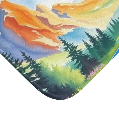 Mountain Sunrise Bath Mat — Watercolor Landscape Non-Slip Bathroom Rug