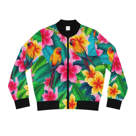 Tropical Parrot Floral Bomber Jacket — Women's Colorful Hawaiian AOP