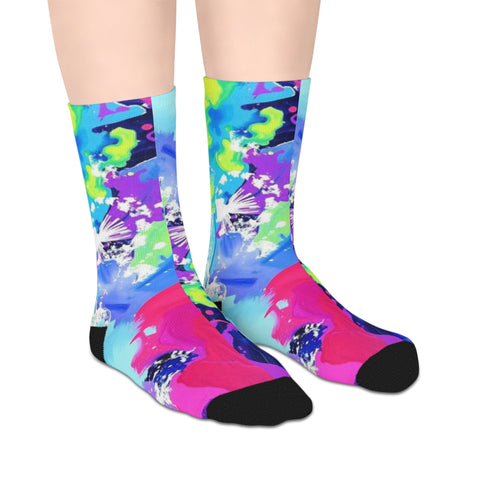 Vibrant Abstract Mid-Length Socks — Neon Tie-Dye Athletic Crew Socks