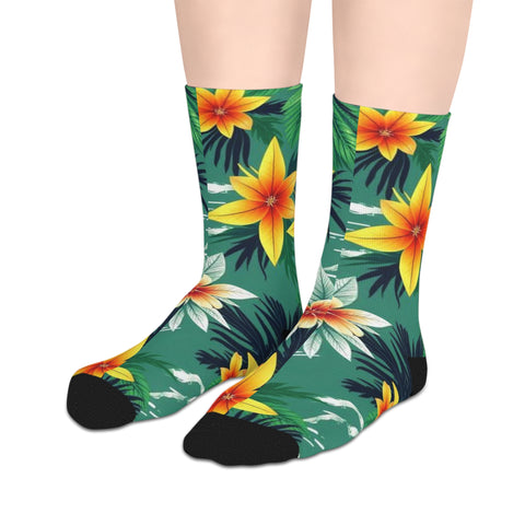 Tropical Floral Mid-Length Socks — Green Hibiscus Beach Print