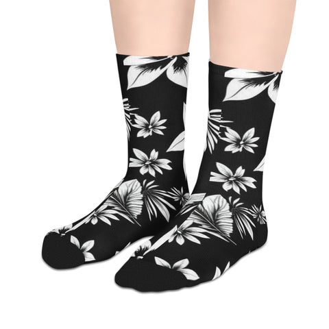 Floral Stripe Mid-Length Socks — Black & White Tropical Flower Crew Socks