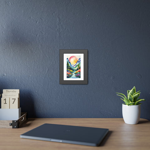 Watercolor Mountain Landscape Framed Poster — Vibrant Sunset River Wall Art