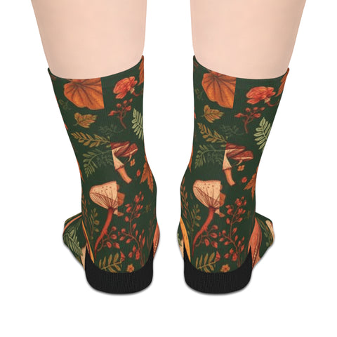 Autumn Mushroom Crew Socks — Forest Leaves & Fungi Mid-Calf Socks