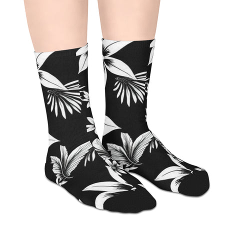 Floral Stripe Mid-Length Socks — Black & White Tropical Flower Crew Socks