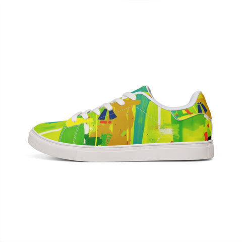Men's Low-Top Sneakers — Bright Abstract Green & Yellow Leather Casual Shoes