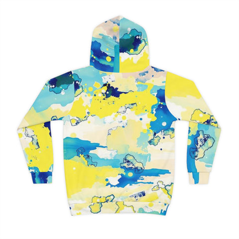 Kids Abstract Watercolor Hoodie – Blue & Yellow All-Over Print