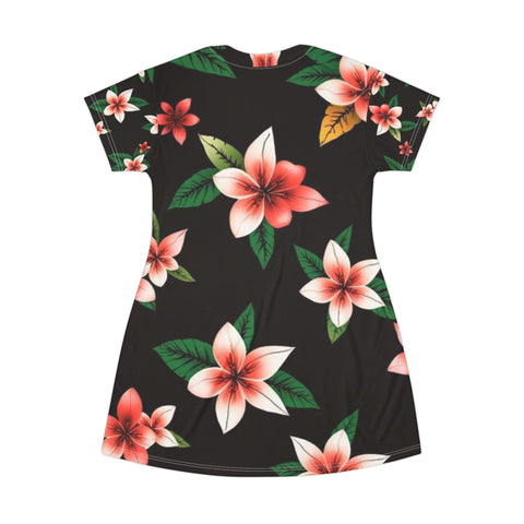 Floral Plumeria T-Shirt Dress — Pink Tropical All-Over Print