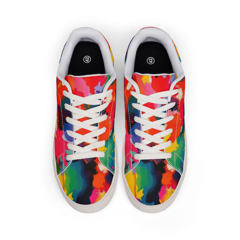 Men's Low-Top Leather Sneakers — Vibrant Multicolor Abstract Paint Splash Design