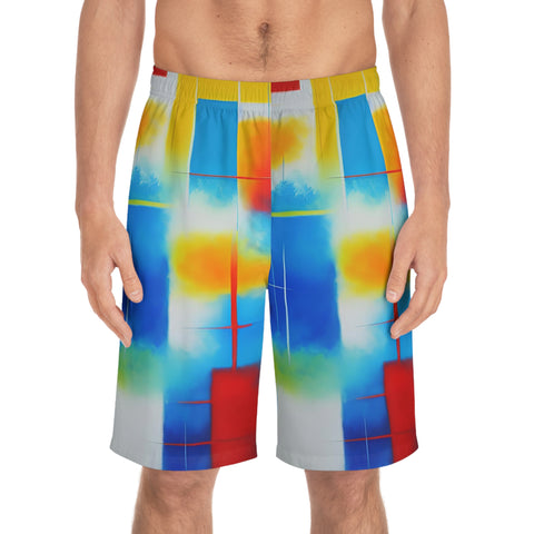 Abstract Color Block Board Shorts — Vibrant Summer Swim Trunks