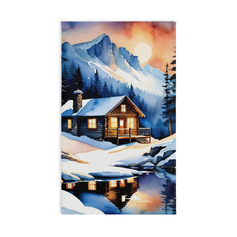 Hand Towel — Cozy Winter Cabin Landscape | Mountain Lodge Snow Scene