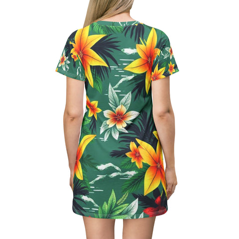 Tropical Floral T-Shirt Dress — Green Hibiscus All-Over Print