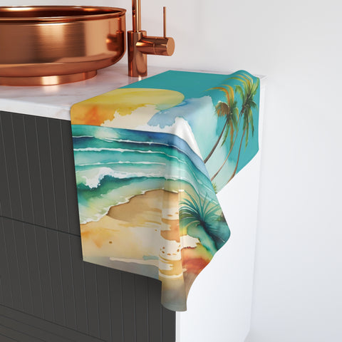 Tropical Sunset Hand Towel — Beach Palm Tree Watercolor Design
