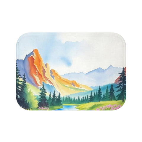 Mountain Sunrise Bath Mat — Watercolor Landscape Non-Slip Bathroom Rug