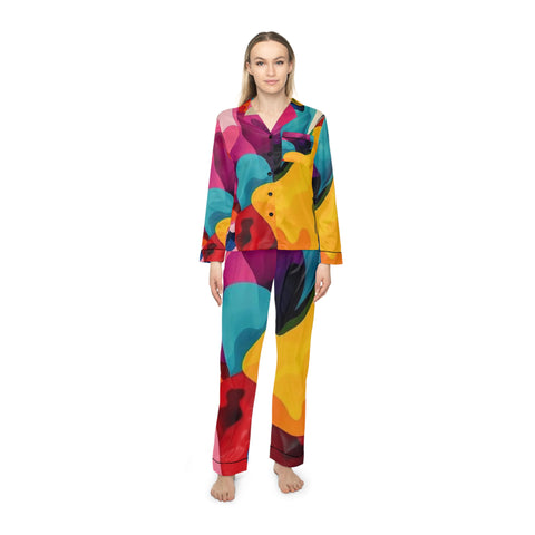 Colorful Abstract Satin Pajama Set — Women's Vibrant Lounge PJs