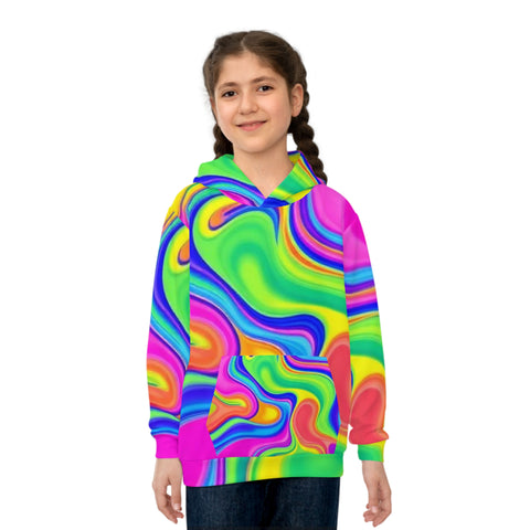 Kids Psychedelic Swirl Hoodie – Bright Rainbow All-Over Print