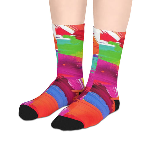 Abstract Neon Brushstroke Mid-Length Socks — Colorful Artistic Crew Socks