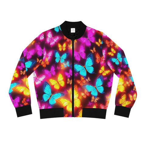 Butterfly Glow Bomber Jacket — Vibrant Neon Butterflies All-Over Print